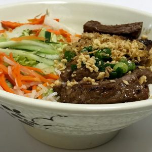 Bun Bo Nuong, Rice vermicelli with grilled marinated beef rib eye topped with fried onions and peanuts